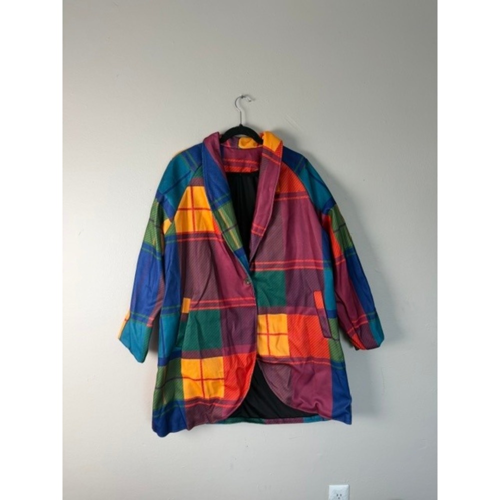 Vintage Style Multi Color Plaid Oversized Blazer Coat Shawl Collar 3XL